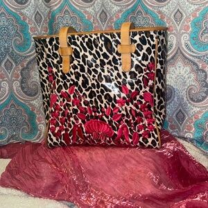 Consuela Leopard Print Tote with Red Floral Accents